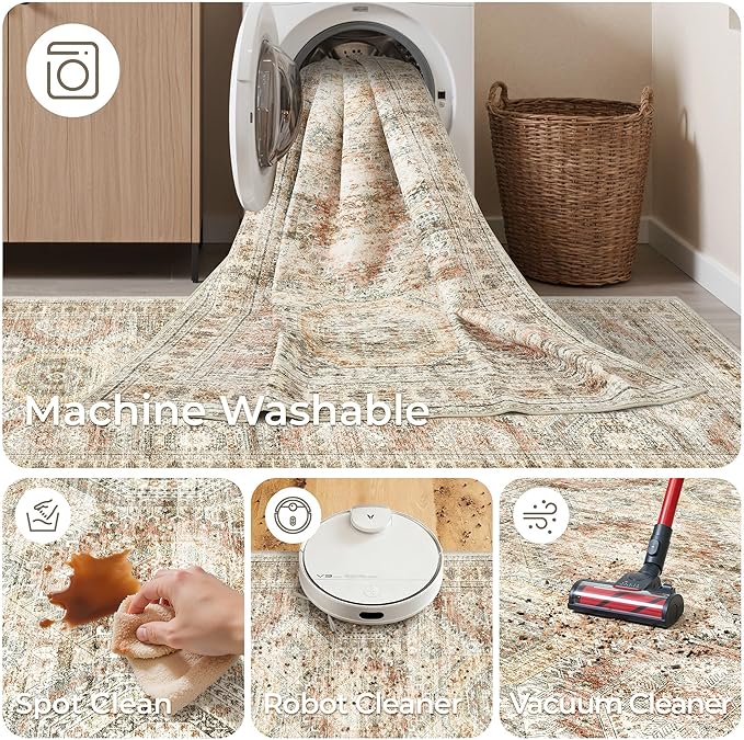 Washable Runner Rugs for Bedroom - 2x6 Runner Rug Non Slip, Ultra-Thin Entryway Runner, Soft Abstract Kitchen Runner for Hallway, Laundry, Bathroom, Indoor Door Mat(2'x6', Brown/Pink)