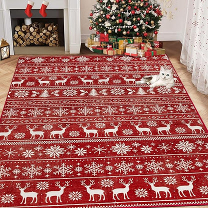 Christmas Rug 4x6 Washable Rugs, Boho Christmas Tree Snowflake Rug Non-Slip Soft Low Pile Non Shedding Indoor Holiday Carpet for Living Room Bedroom Dining Room Home Office (XmasRed, 4'x6')