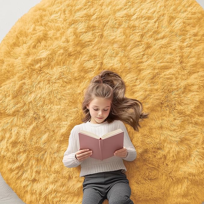 OLANLY Mustard Yellow Round Rugs for Bedroom - Machine Washable, 6 ft Circle Area Rugs for Living Room, Soft and Fluffy Shaggy Carpet for Teen Girl and Boys, Nursery Rooms, Dorms, Home Decor Aesthetic