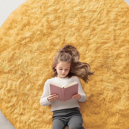 OLANLY Mustard Yellow Round Rugs for Bedroom - Machine Washable, 6 ft Circle Area Rugs for Living Room, Soft and Fluffy Shaggy Carpet for Teen Girl and Boys, Nursery Rooms, Dorms, Home Decor Aesthetic