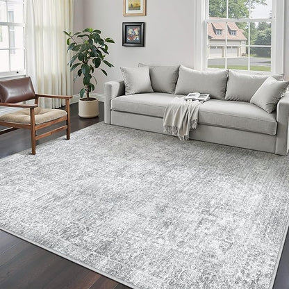 PureCozy 6x9 Area Rug Washable Vintage Living Room Carpet Large Indoor Non Slip Grey Bedroom Distressed Low Pile Retro Accent Throw Rug for Dining Room