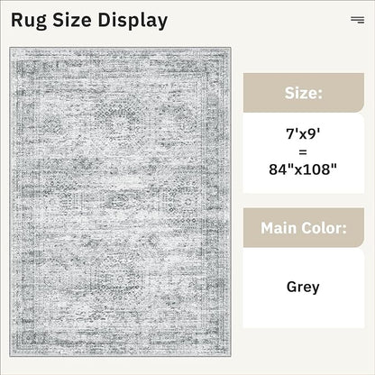 7x9 Area Rug for Living Room Washable Abstract Vintage Soft Thin Indoor Floor Non-Slip Carpet for Bedroom Dining Room Grey
