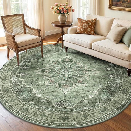 RELEANY Area Rugs 6ft Washable Non-Slip, Floral Vintage Distress Print Pattern Medallion Carpet for Living Room Bedroom Dining Room, Dark Green Gray