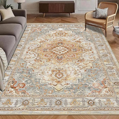 Washable Area Rug 6' x 9' Vintage Traditional Persian Mat - Foldable Distressed Non-Slip Machine Washable Carpet for Living Room Bedroom Kitchen Home Decor - Dove Gray and Coral