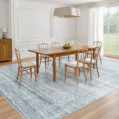 8x10 Area Rugs Living Room: Washable Large Neutral Soft Rug Farmhouse Stain Resistant Indoor Non-Slip Floor Carpet for Bedroom Nursery Kids Playroom Office Dining Room Dorm- Blue