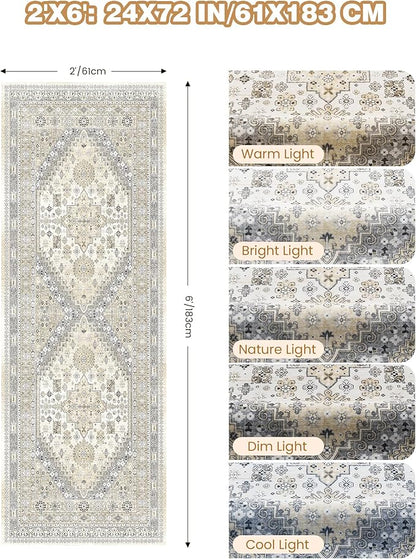Runner Rug 2x6, Ultra-Thin Entryway Rug Non Slip Washable Rugs for Laundry Room, Runners for Hallways, Vintage Soft Rugs for Living Room, Kitchen, Bedroom(Beige,2'x6')