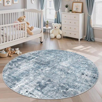 5x5 Blue/Grey Round Rug 5ft Living Room Circle Rug Vintage Round Area Rug Non Slip Indoor Carpet for Entryway Dining Room Bedroom