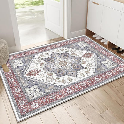 OPPODREAM Soft Throw Rugs 2x3, Small Washable Entryway Rugs 2 x 3 with Non Slip Backing, Low-Pile Faux Cashmere 2 x 3 Carpet, Red & Grey