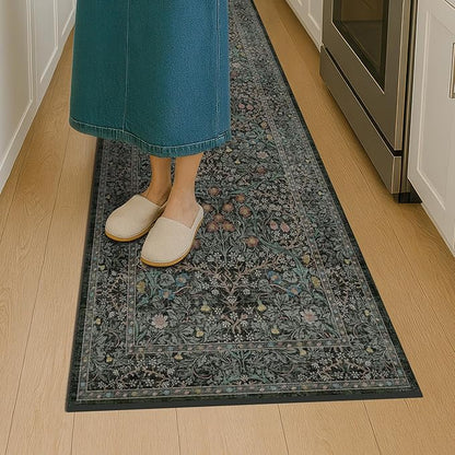 Dark Green 2'6" x 10' Runners for Wide Hallways Non Slip, Extra Long 10ft Floor Runner for Kitchen, Entryway Indoor, Washable Rubber Backing Stain Resistant - Vintage Floral Décor