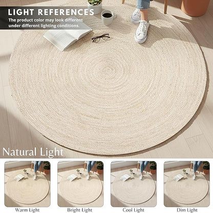 Hausattire Hand Woven Jute Braided Rug, 4’ Round – Off White, Reversible Boho Entry Area Rugs for Kitchen, Living Room, Nursery I Farmhouse Decorative Floor Rug, 4 Feet Round