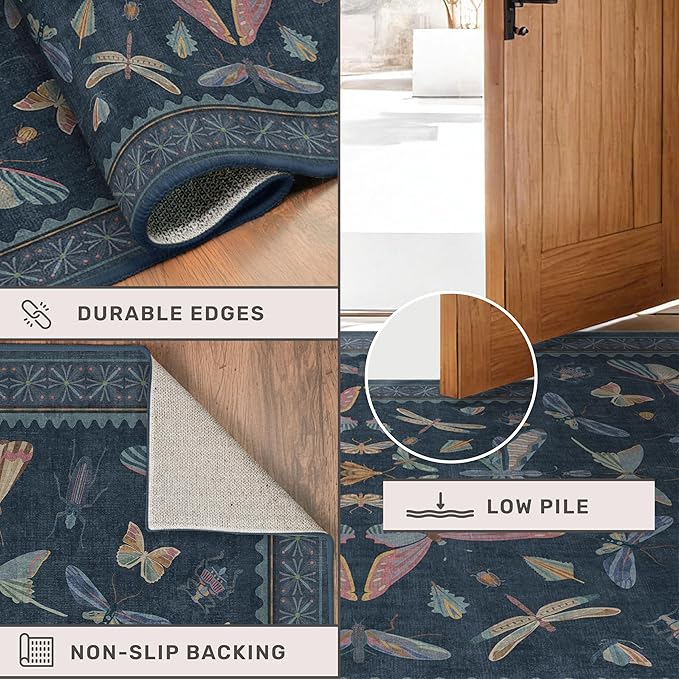 Dark Blue 2x3 Small Rugs for Bathroom Non Slip, Washable Vintage Boho Insect Rug for Kitchen Floor, Entryway Indoor, Powder Room, House Decor Aesthetic, Low Pile Non Slip Carpet