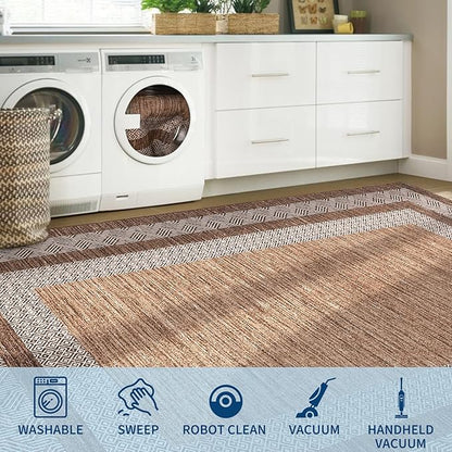 Washable 2.5x10 Kitchen Runner Rug, Easy Clean Geometri Rugs for Hallway Entryway, Indoor Outdoor Non Slip Rug Farmhouse Morden Carpet Door Mat Area Rug for Laundry Room Dark Brown