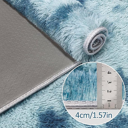 Super Soft Fluffy Living Room Area Rug 2x10 ft Tie-Dyed Light Blue Shaggy Furry Carpet Washable Non-Slip Floor Rugs Bedroom Bedside Nursery Rug Fuzzy Girls Boy Dorm Home Decor Aesthetic