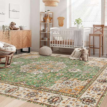 Area Rug 6x9 Washable Rug, Vintage Boho Medallion Rugs Non-Slip Soft Low Pile Large Distressed Rug Indoor Retro Carpet for Living Room Bedroom Dining Room Home Office (Vintage Green, 6'x9')