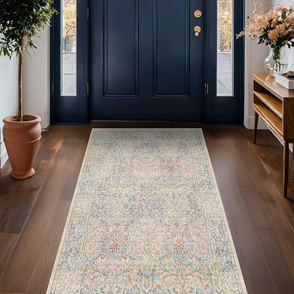 Large 3x6 Entryway Rug Indoor - Washable Non-Slip Low Pile Stain Resistance Ultra Soft Area Rug for Large Kitchen, Bedroom Beside Bed - Vintage Floral Beige Blue Home Decor