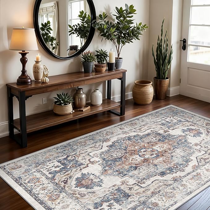4x6 Living Room Area Rugs: Washable Boho Bedside Rugs Non-Slip Low Pile Small Carpet for Kitchen Bedroom Non-Shedding Floor Mat for Kids Room Office Dining Room(4x6，Brick)