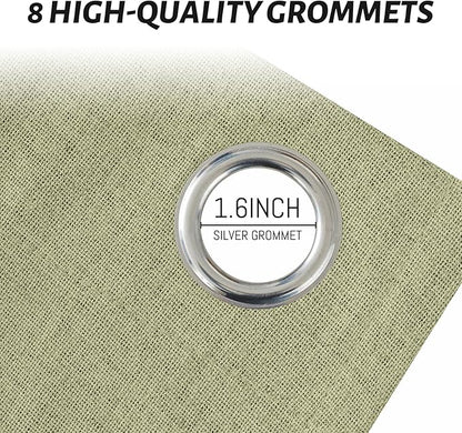 Yakamok Sage Green Linen Curtains 100% Blackout 90 Inches Long,Room Darkening Textured Curtains for Living Room Thermal Grommet Bedroom 2 Panels with Greyish White Liner