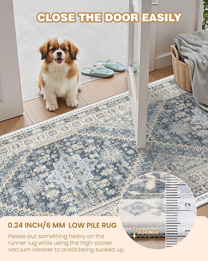 3x10 Runner Rug Non Slip Washable for Entryway, Front Porch, Vintage Hallway Runner for Laundry Room, Bedroom, Stain Resistant Thin Indoor Kitchen Mats for Floor(Blue/Beige,3'x10')