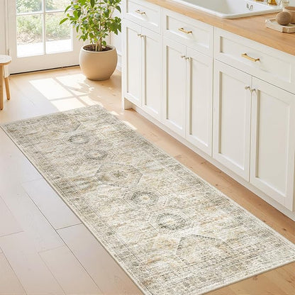 2x5 Rug Runner Washable for Entryway, Soft Bathroom Rugs with Non-Slip Backing, Abstract Low Pile Hallway Runner, Vintage Small Kitchen Carpet for Stair, Laundry Room(2'x5', Grey/Yellow)