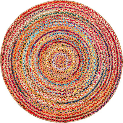 Hausattire Bohemian Braided Rug 4' Round - Multi Color, Circle Farmhouse Jute Cotton Area Rag Rug for Kitchen, Kids Bedroom, Playroom | Colorful Hand Woven Reversible Pet Friendly Carpet
