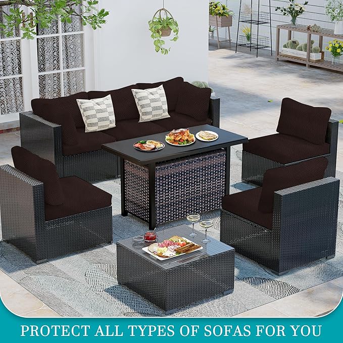 14Pcs Stretch Patio Cushion Covers,Outdoor Couch Covers Replacement,Outdoor Couch & Sofa Slipcovers,for Patio Furniture Cushion Covers,Washable Reusable Furniture Protector (Coffee,Cover Only)