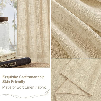LAMIT Light Filtering Linen Curtains 68 inches Long for Bedroom, Faux Linen Textured Semi Sheer Back Tab and Rod Pocket Boho Modern Drapes for Living Room/Farmhouse, Linen, 2 Panels, 52 x 68 Inch