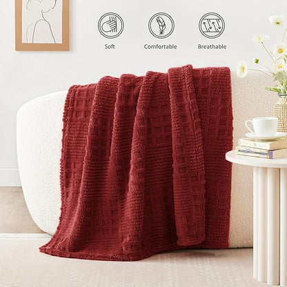 EXQ Home Fleece Throw Blanket for Couch or Bed - 3D Waffle Patchwork Pattern Jacquard Decorative Blankets - Cozy Soft Lightweight Fuzzy Flannel Blanket Suitable for All Seasons(50"×60",Red)