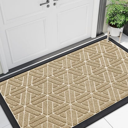 Smiry Front Door Mat Outside Entrance, Heavy Duty Sturdy Natural Rubber Doormat, Trap Dirt and Moisture, Easy Clean Low Profile Mats for Indoor Outdoor Entry, Grid Geometric (47x23, Beige)