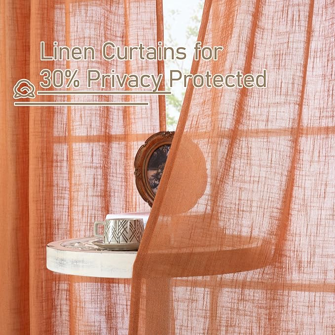 LAMIT Burnt Orange Linen Curtains 54 Inch Length 2 Panels, Light Filtering Panels Back Tab and Rod Pocket Country Decor Drapes for Bathroom/Window/Bedroom, 52 x 54 Inch