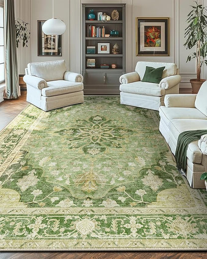 RELEANY Area Rugs 10'x14' Washable Non-Slip, Floral Vintage Distress Print Pattern Medallion Carpet for Living Room Bedroom Dining Room, Sage Green Yellow