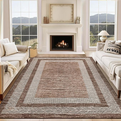 GarveeHome Extra Large Area Rug 10x13 Modern Geometric Rug with Non Slip Rubber Backing, Thin Washable Foldable Carpets, Soft Low Pile Non Shedding Printed Floor Mats for Hotel Office, Brown