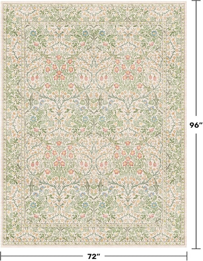 Hazo Haus Light Beige Green Living Room Rug, 6x8 Washable Area Rug for Kids Room, Bedroom, Nursery Room, Living Room, Dining Room, Low Pile Non-Slip - Vintage Design & Stain Resistance
