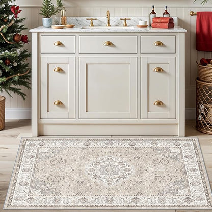 Washable Hallway 3x4 Floor Mats: Farmhouse Non-Slip Kitchen Sink Area Rug Water-Resistant Small Carpet for Living Room Bathroom Thin Soft Doormat Easy-Clean Decorative Rug for Pets Family(3x4,Beige)