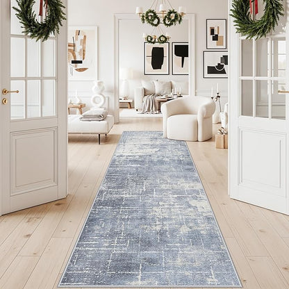 Abstract 3x10 Kitchen Rug Runners: Washable 10ft Hardwood Floor Mat Bathroom Living Room Bedroom Beside Mat Non-Slip Hallway Entry Area Rug Soft Indoor Farmhouse Carpet for Families(3x10,Blue/Ivory)