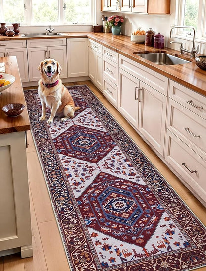 SERISSA Runner Rug for Hallways, 2'6"x10' Washable Non Slip Kitchen Runner Rug, Long Boho Rug Vintage Burgundy Navy Hallway Stair Ultra Soft Print Floor Carpet for Bedroom Bathroom Laundry Room