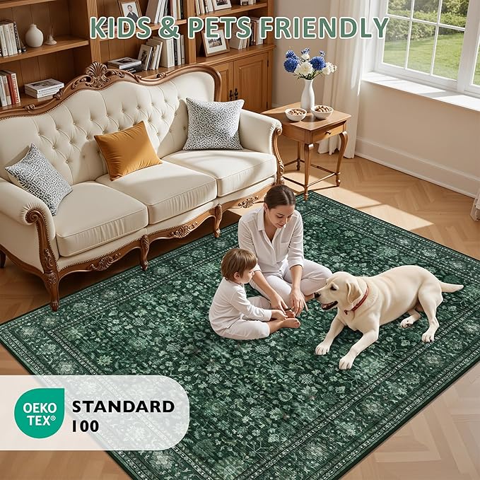 Area Rugs 10x12 Living Room Rug: Washable Rug Soft Vintage Distressed Floral Carpet Indoor Non-Slip Stain Resistant Large Carpets for Bedroom Dining Room Farmhouse Nursery Home Office Deep Green