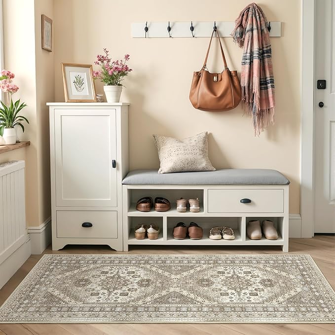 Runner Rug 2x6, Ultra-Thin Entryway Rug Non Slip Washable Rugs for Laundry Room, Runners for Hallways, Vintage Soft Rugs for Living Room, Kitchen, Bedroom(Brown,2'x6')