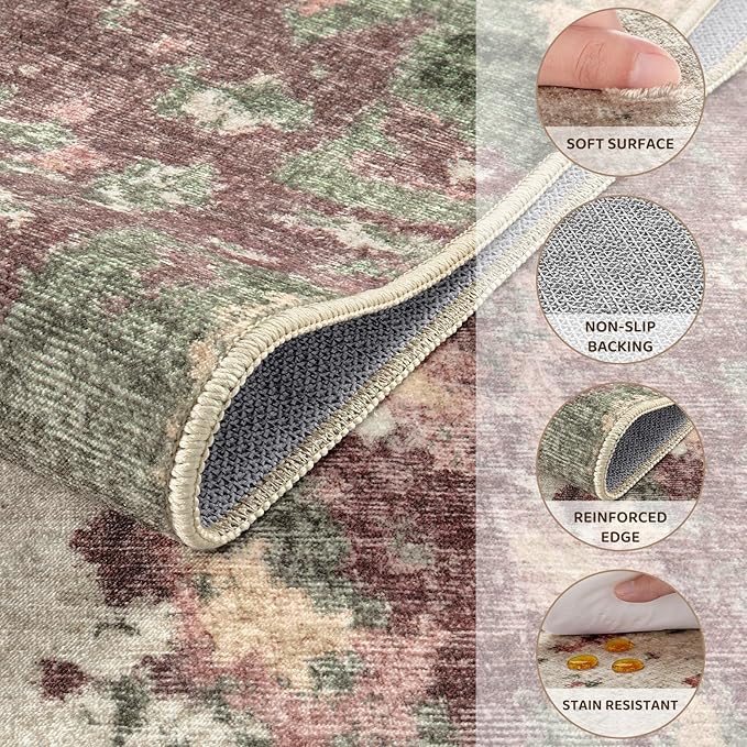 UERMEI 9x12 Area Rug Living Room Rugs - Washable Neutral Modern Abstract Soft Thin Rug Indoor Floor No Slip Rug Carpet for Bedroom Under Dining Table Home Office Decor - Purple/Green/Beige