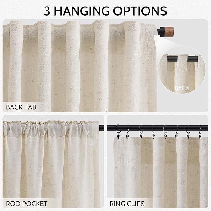 Birch Beige Linen Curtains for Living Room 100 Inches Long Light Filtering Semi Sheer Curtain Back Tab Modern Farmhouse Decor Elegant Luxury Coastal Drapes for Bedroom Dinner Room 52x100, 2 Panels