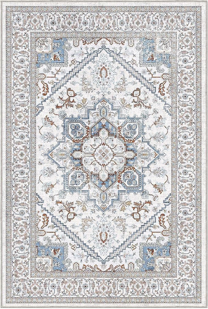 OPPODREAM Soft Neutral Area Rugs 5x7, 5x7 Washable Rug with Non Slip Backing, 5 x 7 Faux Cashmere Low-Pile Carpet, Cream White & Blue & Light Brown