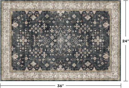 Black Washable 2x3 Entry Rug, Small Rugs for Entryway Kitchen Bathroom Door Mat Indoor Entrance, Non Slip Rubber Backing, Stain & Fade Resistant, Ashen Charcoal Floral Farmhouse Decor
