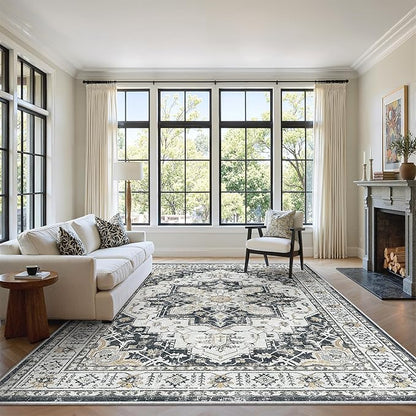 zesthome Washable Rug 6x9 Area Rugs,Stain Resistant Rugs for Living Room,Bedroom,Non-Slip Backing Home Decor Rug, Vintage Medallion Pattern Rugs (Black,6'x9')
