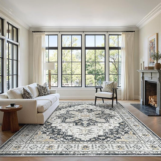 zesthome Washable Rug 6x9 Area Rugs,Stain Resistant Rugs for Living Room,Bedroom,Non-Slip Backing Home Decor Rug, Vintage Medallion Pattern Rugs (Black,6'x9')