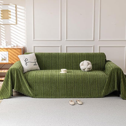 Boho Chenille Couch Cover for Dogs, Non Slip Sofa Cover, Couch Slipcover Covers for 3 Cushion, Furniture Protector with Tassels for Pets Washable, 71"x134", Fishbone Green