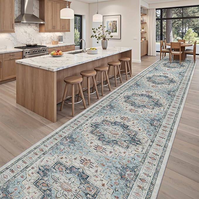Madane 3x20 Hallway Runner Rug - Extra Long Carpet Runners for Hallways 20ft Non Slip Stain Resistant Rugs Runner for Living Room Bedroom 20 Feet Distressed Floor Carpet for Kitchen, Blue