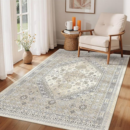 zesthome 3x5 Rug Ultra Soft Washable Rug, Non Slip Area Rug Indoor Entrance, Stain Resistant Rugs for Living Room Bedroom, Vintage Home Decor Area Rugs (Beige,3'x5')