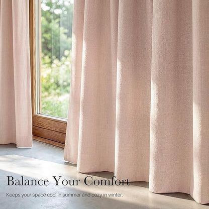 NICETOWN 100% Absolutely Blackout Linen Curtains for Bedroom Living Room, Blush Pink, 52" Wide, 2 Pieces, Privacy Vertical Thermal Insulated Window Drapes 84 inch Long for Infants and Young Children