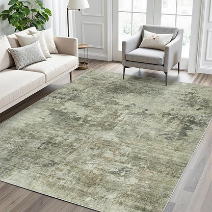 Area Rug 6x9 Abstract Living Room Washable Rugs Green Black Non Slip Low Pile Carpet for Bedroom Dining Room Foldable Thin