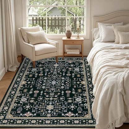 6x9 Area Rugs Living Room Rug: Washable Vintage Boho Medallion Rug No Slip Stain Resistant Soft Carpet Indoor Floor Large Carpets for Bedroom Dining Room Farmhouse Nursery Hallway Home Office Black