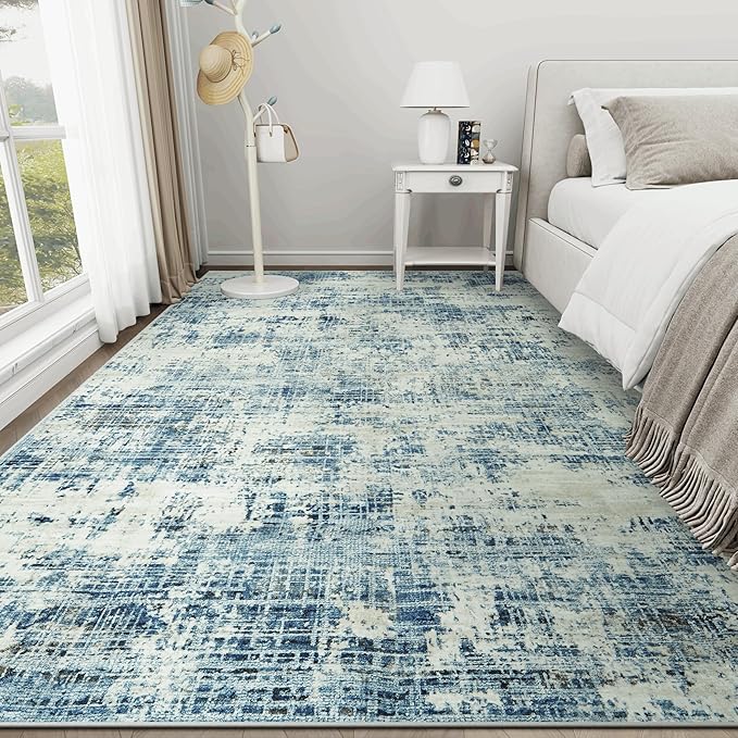 10x14 Area Rugs for Living Room Washable Rug: Anti-Skid Abstract Modern Living Room Rug Soft Thin Carpets Indoor Floor Non-Shedding Carpet for Bedroom Dining Farmhouse Nursery Blue Gray Gold